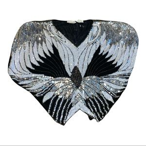 Showman Black and White Sequin Silk Cropped Blouse